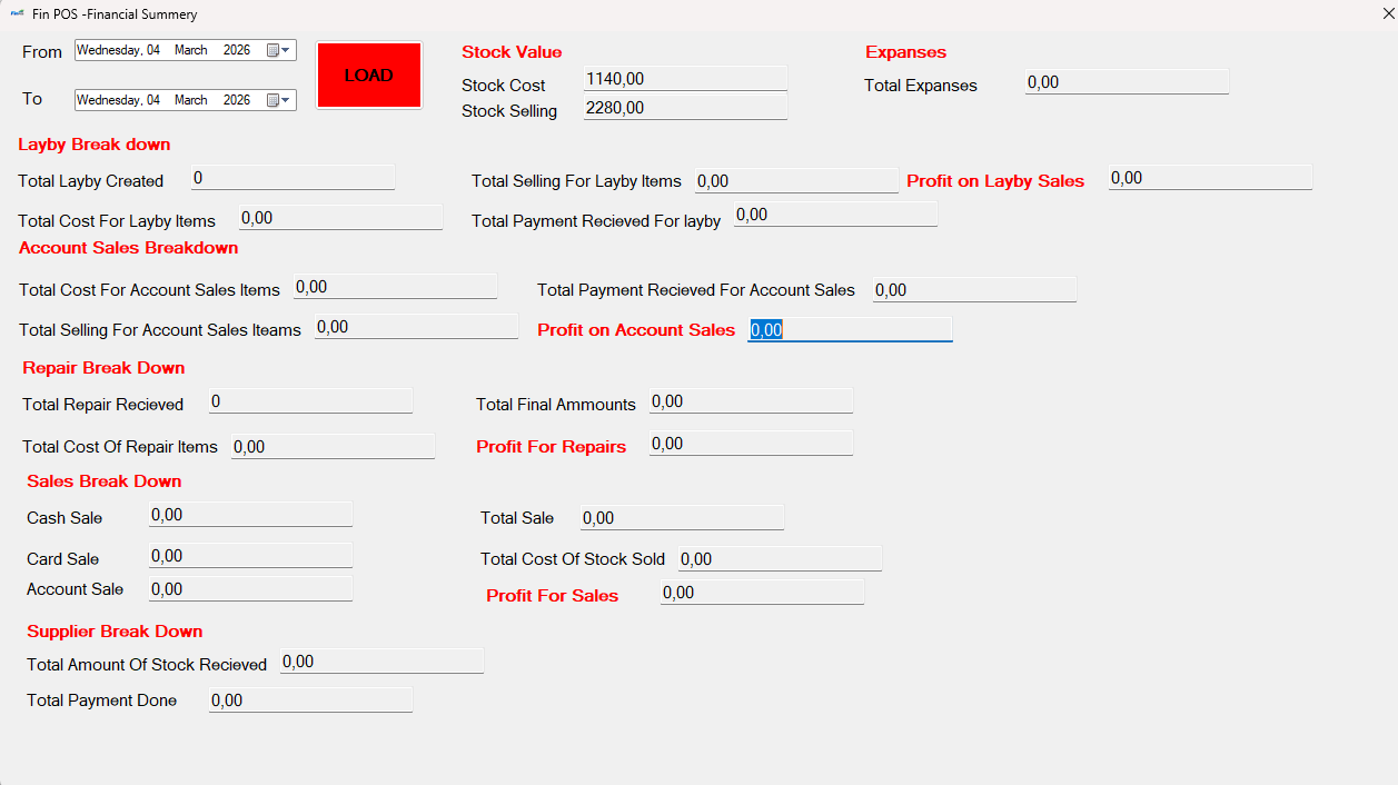 Financial summary screenshot